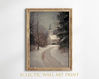 Winter Kirche Malerei, Verschneite Kirche Wandbild, Malerische Winterlandschaft, Rustikale Winter Szene, Wohnkultur Druck