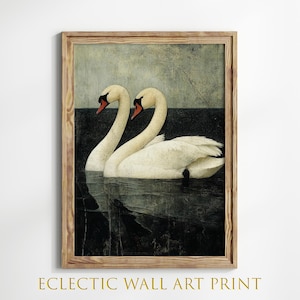 Dunkel schwermütige Schwanen Malerei, Elegantes Schwanenpaar auf dem Wasser Wandkunst, Natur inspiriert Wohnkultur, See Haus Dekor, Tier Vogel Wanddekoration