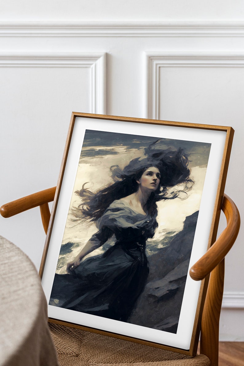 Pode incluir: Uma impress&atilde;o de arte emoldurada com uma mulher de cabelos longos e escuros, vestida com um vestido escuro. A obra de arte tem um estilo dram&aacute;tico e pict&oacute;rico, com um c&eacute;u tempestuoso e uma paisagem rochosa ao fundo. A moldura &eacute; de madeira.