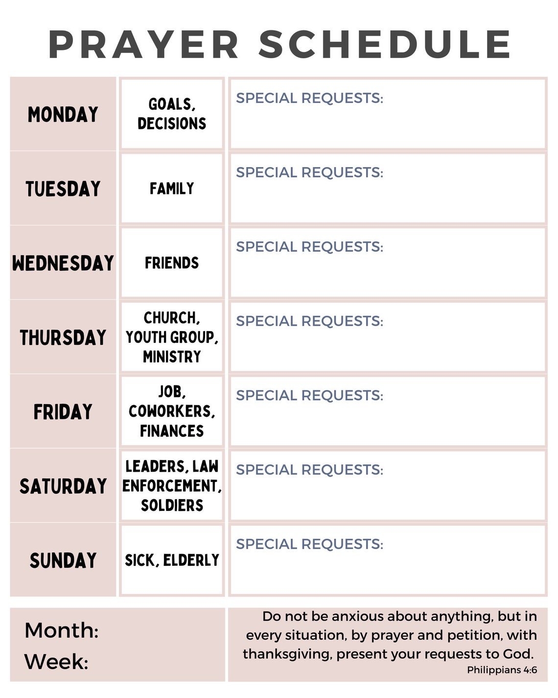 Digital Download Weekly Prayer Schedule Printable 8x10 Editable Prayer ...
