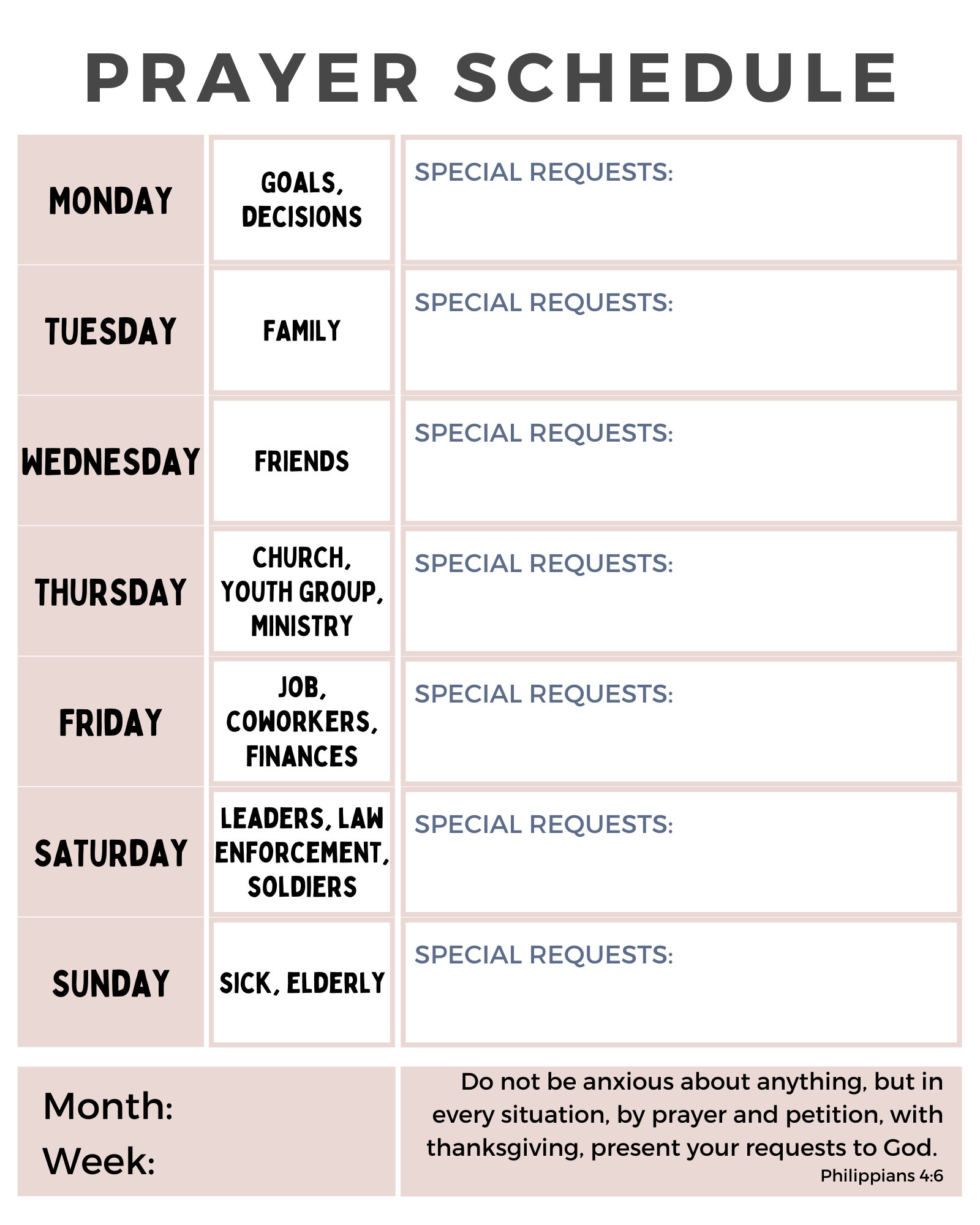 Digital Download Weekly Prayer Schedule Printable 8x10 Editable Prayer ...