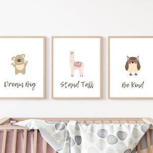 Śnij na wielką skalę, stań wysoko, bądź miły, sztuka ścienna do pokoju dziecięcego, koala, sowa, lama, zwierzęta, wystrój domu, sypialnia, pokój dziecięcy, sztuka szkolna, syn, córka