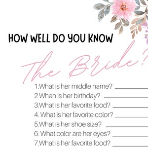 Bachelorette Party Game - How Well Do You Know the Bride - Bridal Shower -  Downloadable PDF
