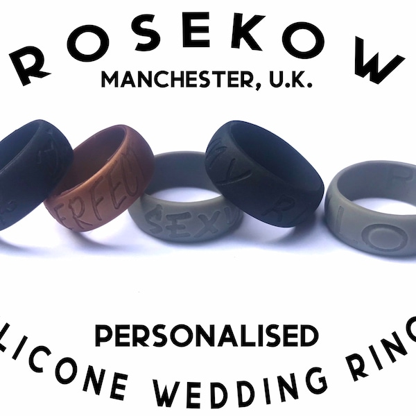 Silicone Wedding Black Ring with Custom Personalisation  - Men Woman His Hers Band Personalization