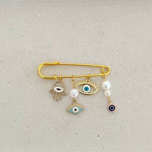 Pin Nazar Eye, Fatima Hand, Gold, Pearls