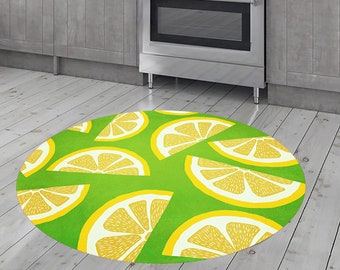 Tapete de Cozinha Redondo com Estampa de Limão: Decoração Cítrica para Casa, Tapete de Cozinha Redondo com Estampa de Limão, Tapete de Microfibra Lavável Antiderrapante Amarelo Cítrico, Decoração Estilo Fazenda