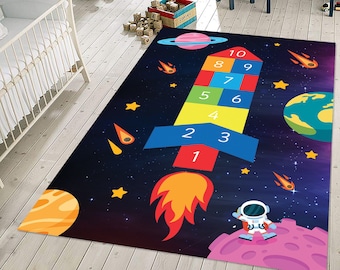 Washable Space Rug: Rocket, Planets, Kids Playroom Rug, Modern Area Rug, 3d Effect Carpet, Living Room Decor, Large Rug, Aesthetic Floor Mat