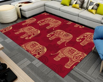 Red Elephant Rug: Ethnic Patterned Carpet, Colorful Home Decor, Area Rug, Living Room Carpet, Home Decor Gift, Special Rug, Modern Floor Mat