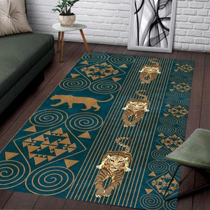 Tiger Pattern Area Rug, Tribal Geometric Animal Print Carpet for Boho & Eclectic Decor, Washable Rug, Gift for Him, Non Slip Rug