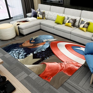 Tappeto Captain America, Captain America, Accessori per la casa, Tappeto per la stanza dei ragazzi, Tappeto fantastico, Tappeto personalizzato, Regalo per bambini, Tappeto d'arte digitale, Facile da pulire,