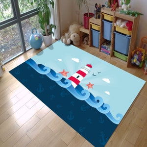 Lighthouse Rug, Sea Rug, Blue Rug, Kids Rug, Kids Rug For Playroom, Kids Rug For Bedroom, Rug For Kids, Funny Rug