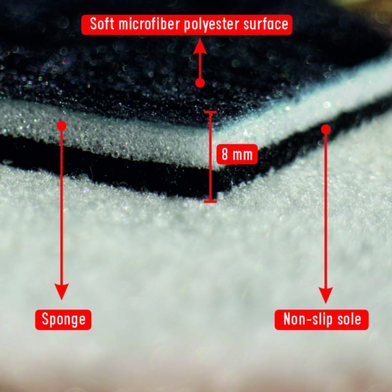 May include: Close-up of a white non-slip sole with a black and white sponge layer underneath. The top layer is a soft microfiber polyester surface. The sponge layer is 8 mm thick.