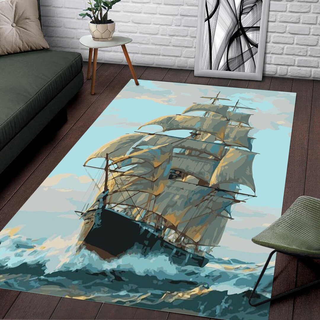 Sailing Ship Rug: Sea Concept Decorative Rug, Area Rug, Living Room ...
