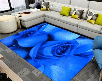 Blue Rose Flower Rug: Colorful Home Decor Carpet, Area Rug, Living Room Carpet, Home Decor Gift, Special Rug, Modern Floor Mat, Washable Rug