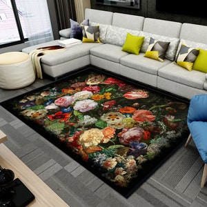 Gothic Flowers Rug,Gothic Area Rug,Floral Runner,Damask Non Slip Rug,Rose Dark Floor Art,Machine Washable Carpet,Black Fringed Mat,Area Rug