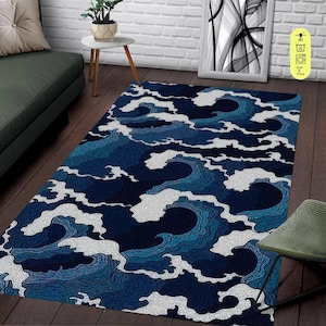 Great Wave Rug, Japanese Rug, Japanese Wave Rug, Aesthetic Rug, Home Decor, Rugs For Living Room, Minimalist Rug, Rugs for Bedroom, Blue Rug image 1