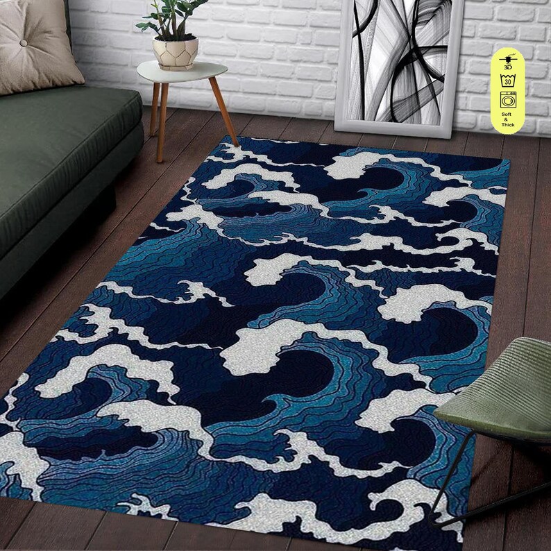 Great Wave Rug, Japanese Rug, Japanese Wave Rug, Aesthetic Rug, Home Decor, Rugs For Living Room, Minimalist Rug, Rugs for Bedroom, Blue Rug image 1
