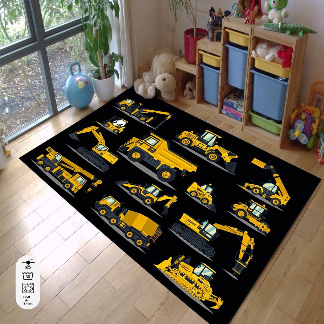 Construction Vehicle Rug: Kids Room Decor, Black Rug Runner, Area Rug ...