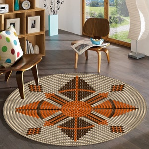 Bead Pattern Round Rug,Boho Tribal Round Rug,Geometric Woven Look Floor Mat,Rustic Farmhouse Carpet in Orange & Brown Tones,Non Slip Rug