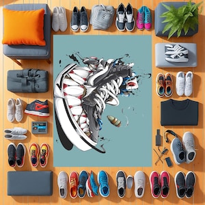 Sneakers Carpet,Sneaker Art Decor Rug,Sneakerhead,Street Cool Rug,Sneakers Decor Rug,Shoes Room Rug,Easy to Clean,Urban Style Floor Mat