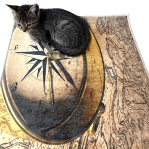 May include: A brown and gold rug featuring a compass rose design and a vintage map pattern. A gray tabby cat is curled up on the rug. The rug has a white border and is on a white background.