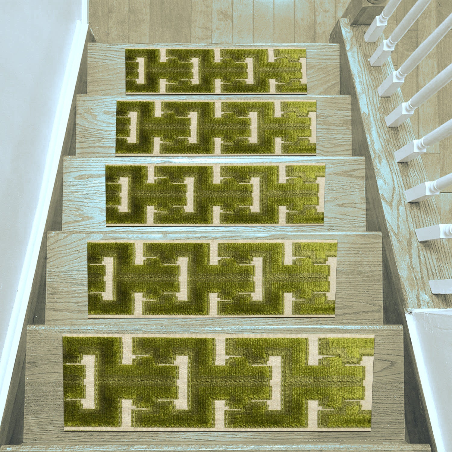 Grünes Dekor, Treppenmatte, Geometrischer Teppich, Treppenstufenteppich, Leicht zu Reinigen, Design-Treppenstufe, Treppenläufer für Stufen, Indoor Outdoor-Treppenstufe