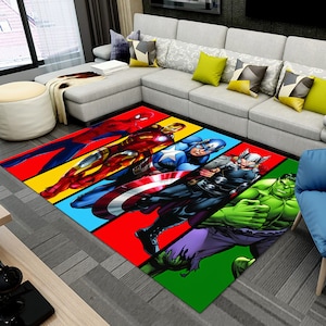 Tappeto decorativo Spiderman-Hulk-Thor-Iron Man-Captain America, tappeto per la cameretta dei ragazzi, regalo per lui, tappeto decorativo, tappeto d'arte digitale, tappeto fantastico, tappeto retrò