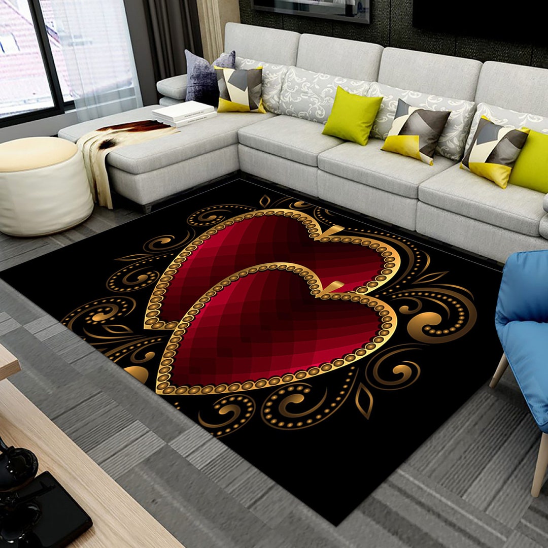 Red Heart Rug Patterns Red Heart Pattern Rug, Black Gold Accent, Non-slip - Etsy