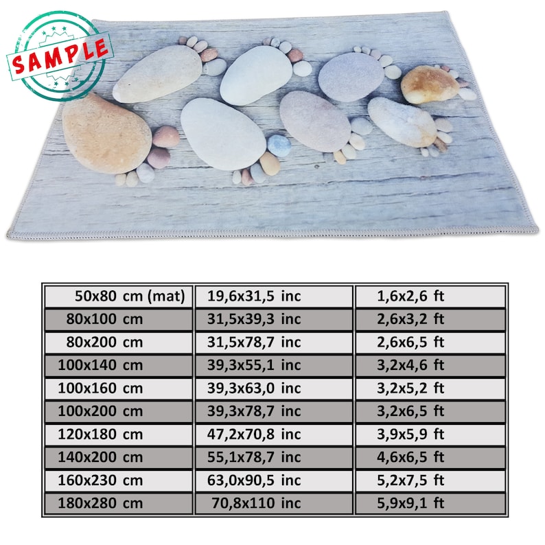 May include: A chart showing different sizes of a stone foot print rug in inches and feet. The rug is made of a soft, comfortable material and is perfect for adding a touch of nature to your home.