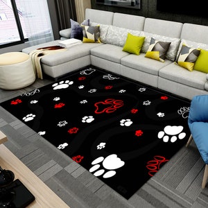 Aimuan Colorful Dog Paw Print Area Rug Nursery Soft Fun Puppy Dog Decor  Bones Rugs Cute Flannel Floor for Living Bedroom (5x8 feet, Black)