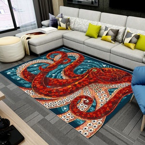 Octopus Rug, Mosaic Art, Customizable Rug, Octopus Area Rug, Living Room Rug, Animal Decor Rug, Washable Non Slip Rug,