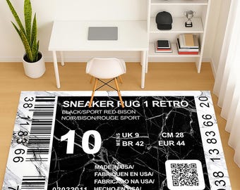 Sneakerhead Rug: Retro Sneaker Box Design, Sport Room Decor, Marble Pattern Carpet, Hypebeast Home Decor, Shoe Label Rug, Modern Area Rugs