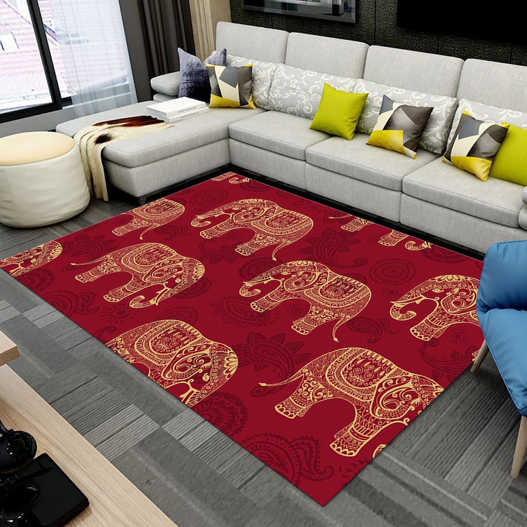 Red Elephant Rug: Ethnic Patterned Carpet, Colorful Home Decor - Etsy