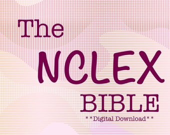 Könnte beinhalten: Eine rosa und weiße Grafik für den digitalen Download mit dem Text "The NCLEX BIBLE**Digital Download**" und "36 Seiten voller Informationen, die du brauchst, um deine NCLEX-Prüfung beim ersten Mal zu bestehen!"