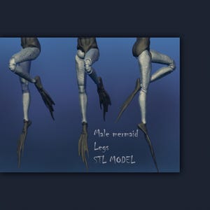 May include: A 3D render of male mermaid legs. The legs are light blue-grey, with articulated joints and webbed feet. The image includes the text "Male mermaid Legs STL MODEL".