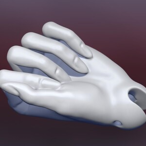 May include: A white, stylized hand sculpture with fingers slightly curved. The sculpture has a smooth, matte finish and is set against a gradient background of maroon and dark blue.