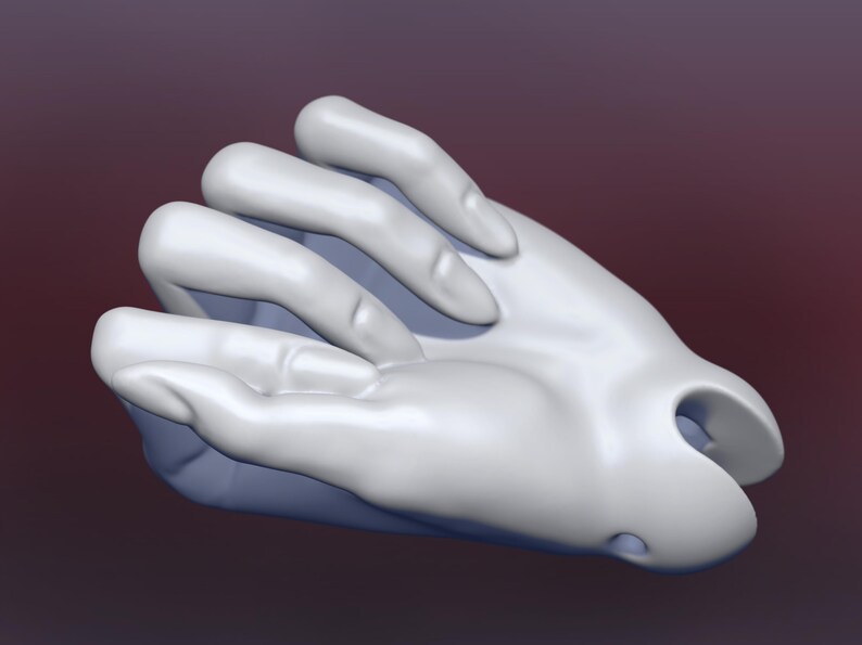 May include: A white, stylized hand sculpture with fingers slightly curved. The sculpture has a smooth, matte finish and is set against a gradient background of maroon and dark blue.