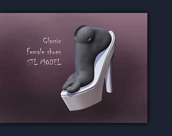 Puede incluir: Un zapato blanco de tacón alto con un pie negro en su interior. El texto "Classic female shoes STL MODEL" está escrito sobre un fondo rosa.