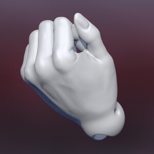 May include: A 3D-rendered, white hand in a fist. The fingers are curled inward, and the thumb is tucked against the palm. The hand is smooth and appears to be made of a solid material, with a slight shadow on a gradient background.