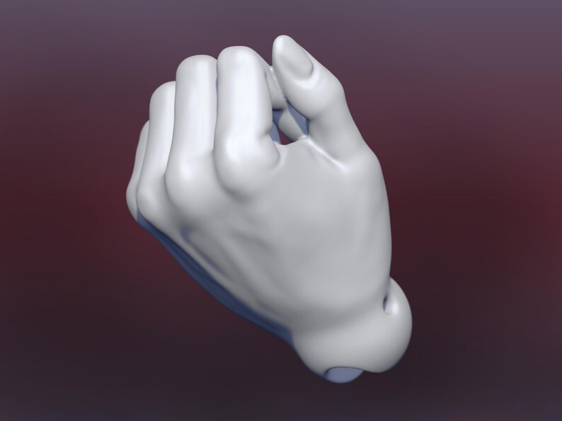 May include: A 3D-rendered, white hand in a fist. The fingers are curled inward, and the thumb is tucked against the palm. The hand is smooth and appears to be made of a solid material, with a slight shadow on a gradient background.