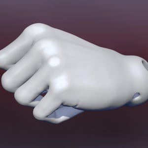 May include: A 3D-rendered, white fist with a clenched hand gesture. The fingers are curled inward, and the knuckles are visible. The background is a gradient of dark red to a lighter shade of red.