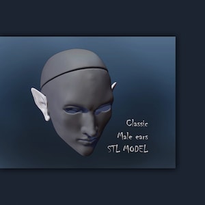 Puede incluir: Un modelo 3D impreso de una cabeza humana con orejas masculinas clásicas. El modelo es gris y tiene una superficie lisa. El texto "Classic Male ears STL MODEL" está escrito debajo del modelo.