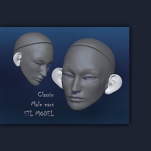 May include: Two gray 3D-rendered faces with white ears are displayed against a dark blue background. The text "Classic Male ears STL MODEL" is written in white. The faces are smooth and featureless, with a simple line indicating the hairline.