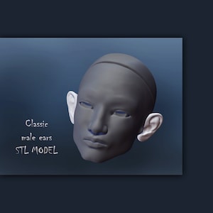 May include: A 3D rendering of a gray male face with white ears. The text "Classic male ears STL MODEL" is displayed in white on a dark blue background. The face has a neutral expression.