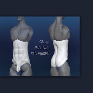Pode incluir: Renderiza&ccedil;&atilde;o 3D de um torso masculino em duas vistas. A parte superior do corpo &eacute; cinza, a inferior &eacute; branca. O texto "Classic Male body STL MODEL" est&aacute; escrito em branco.