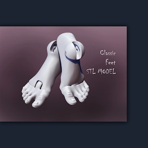 Op de afbeelding: Een paar witte 3D-geprinte voeten, geposeerd alsof ze lopen, met de tekst "Classic Feet STL MODEL" op een roze achtergrond.