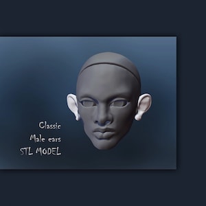 May include: A 3D-rendered gray face with white ears against a dark blue background. The text "Classic Male ears STL MODEL" is written in white. The face has a neutral expression.