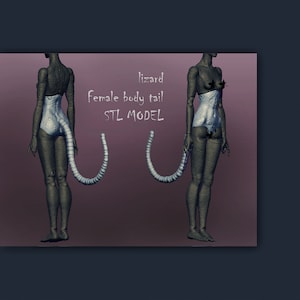 May include: A 3D printed model of a female figure with a lizard tail. The model is printed in a light grey colour and has a textured surface. The text "lizard female body tail STL MODEL" is written on the image.