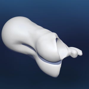 Pode incluir: Escultura abstrata branca, renderizada em 3D, sobre um fundo azul escuro. A forma &eacute; suave e org&acirc;nica, com um corpo arredondado e uma sec&ccedil;&atilde;o aberta e curva. A escultura tem uma est&eacute;tica moderna e minimalista.