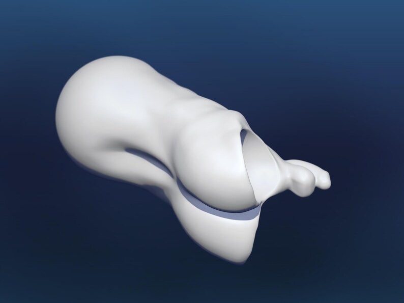 Pode incluir: Escultura abstrata branca, renderizada em 3D, sobre um fundo azul escuro. A forma &eacute; suave e org&acirc;nica, com um corpo arredondado e uma sec&ccedil;&atilde;o aberta e curva. A escultura tem uma est&eacute;tica moderna e minimalista.